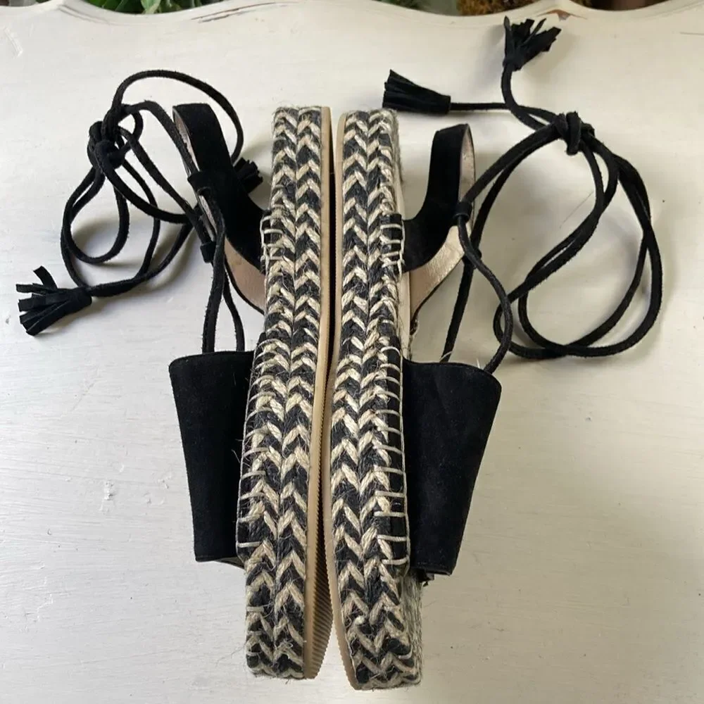 Revole Raye Espadrilles Black Leather Suede Lace up Tassel Detail Size 8.5